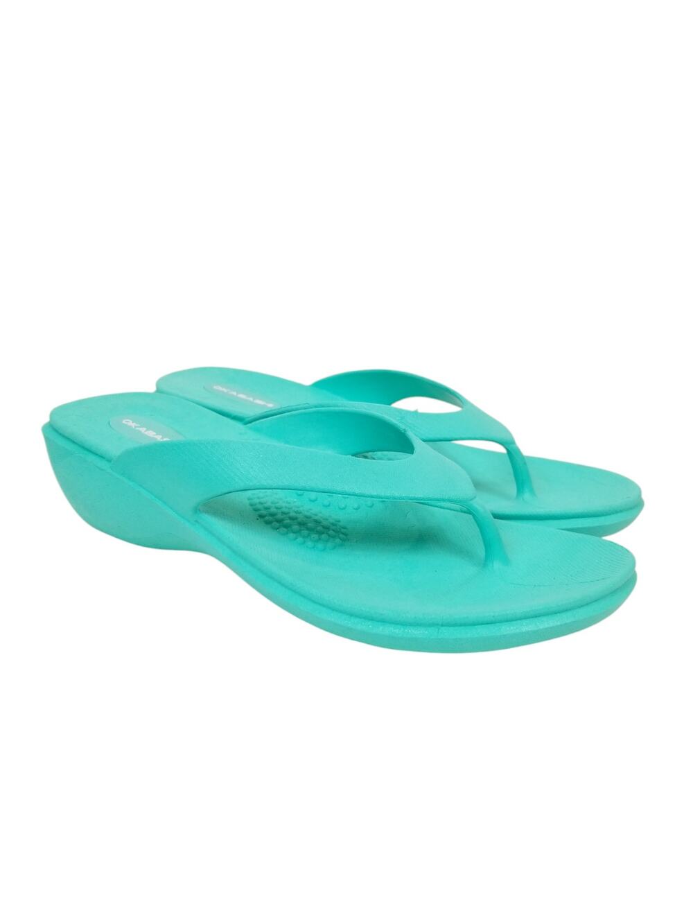 Okabashi Women's Splash Aqua Blue Low Wedge Heel Thong Sandals Flip Flops 6.5